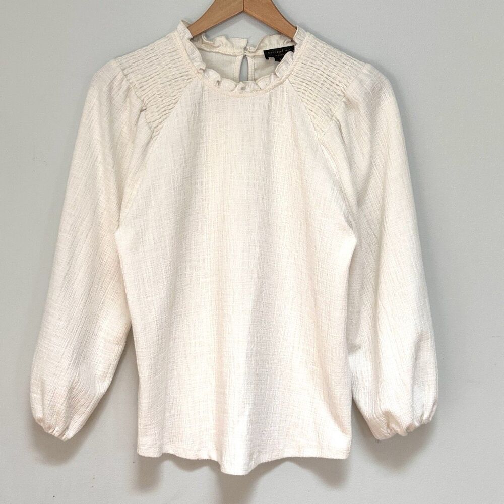 Current‎ Air Cream Textured Smocked Blouse Women's S Ruffle Neck Puff Sleeve